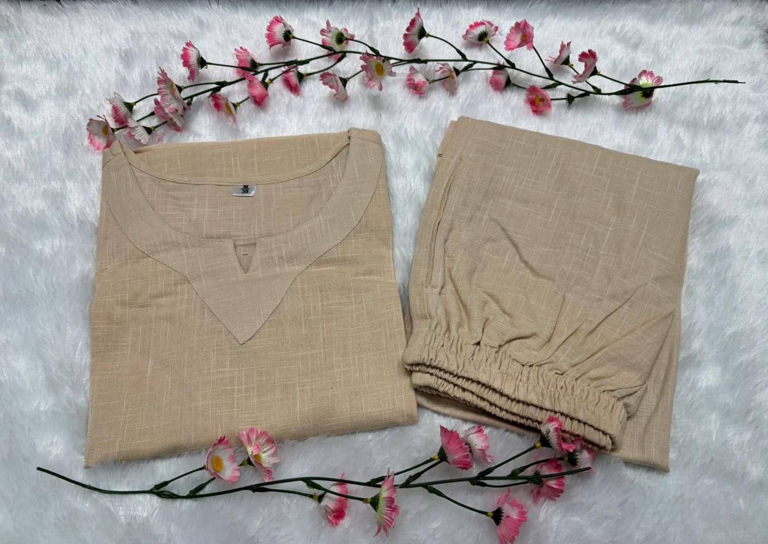 Cream Cotton Slub Coord Set with Palazzo and Pockets